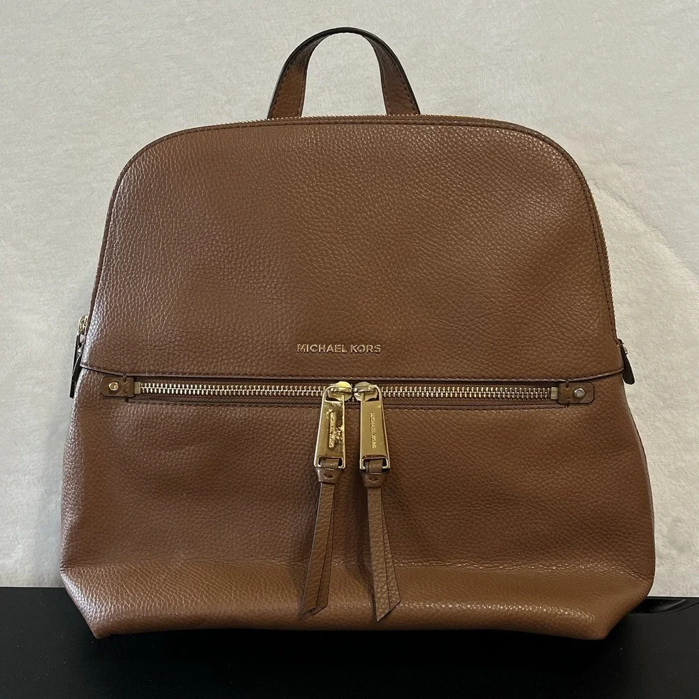 Michael Kors Pebbled LEATHER Rhea Zip Slim Backpack Purse Camel Gold Hardware